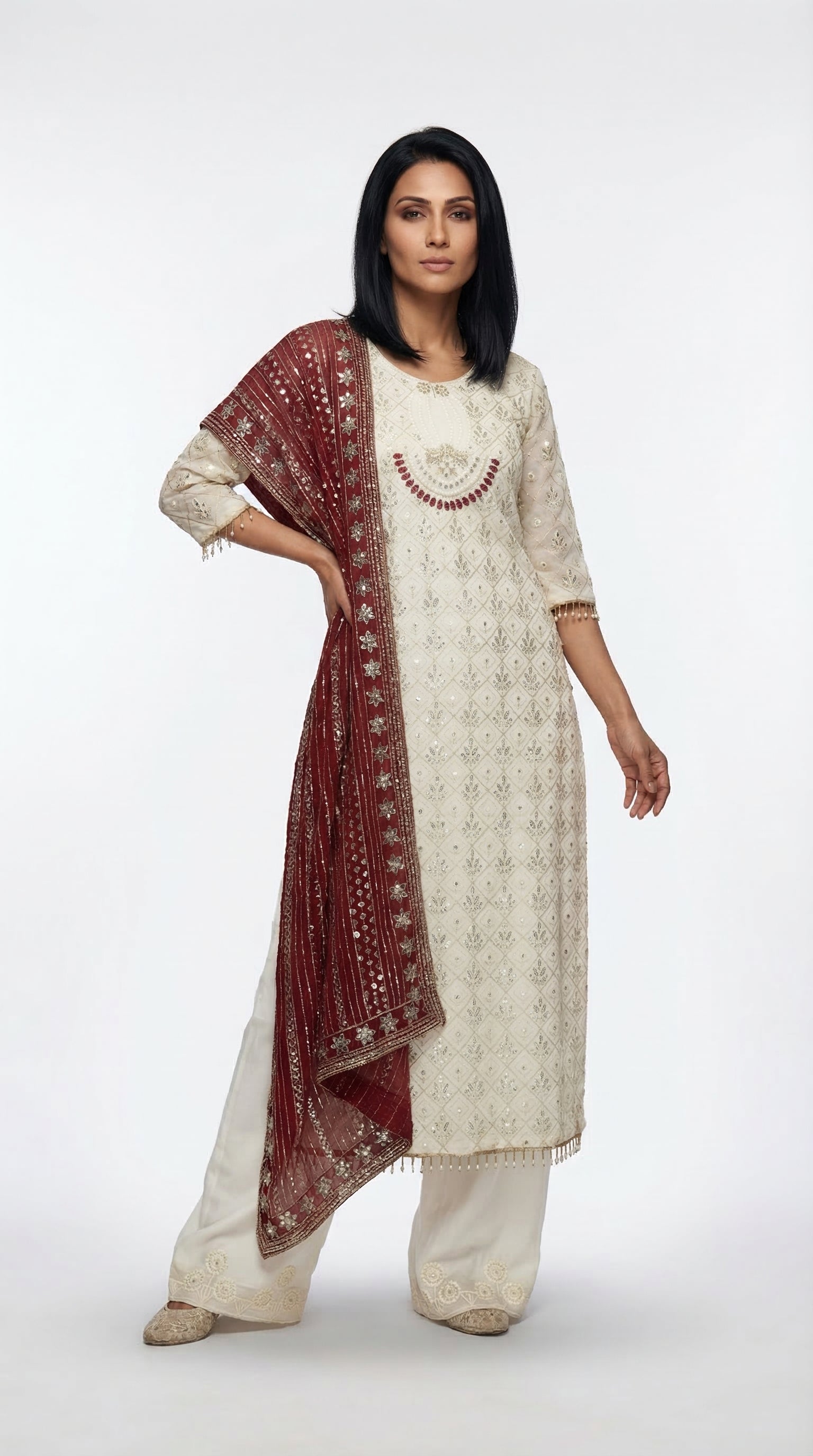 Ivory Sequence Palazzo Suit with Maroon Dupatta | Rosio House