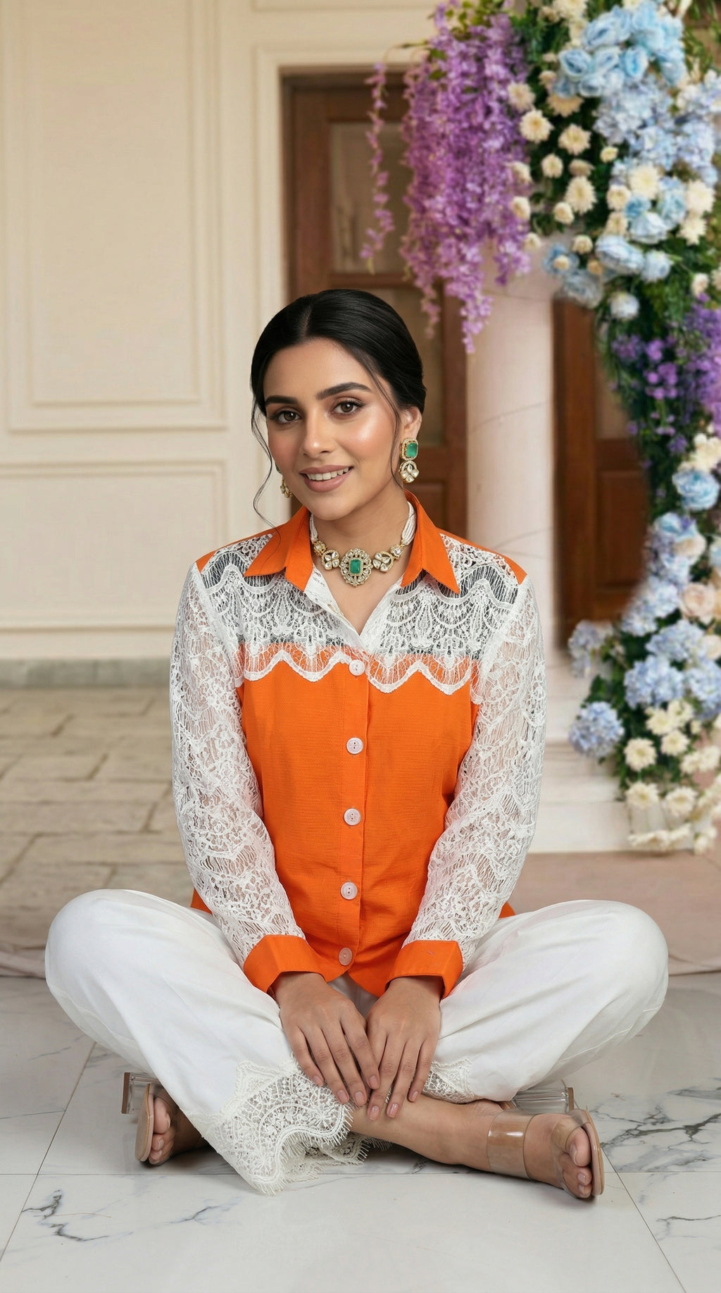 Orange & White Cotton Cord Set with Schiffli Lace | Rosio House