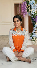 Orange & White Cotton Cord Set with Schiffli Lace | Rosio House