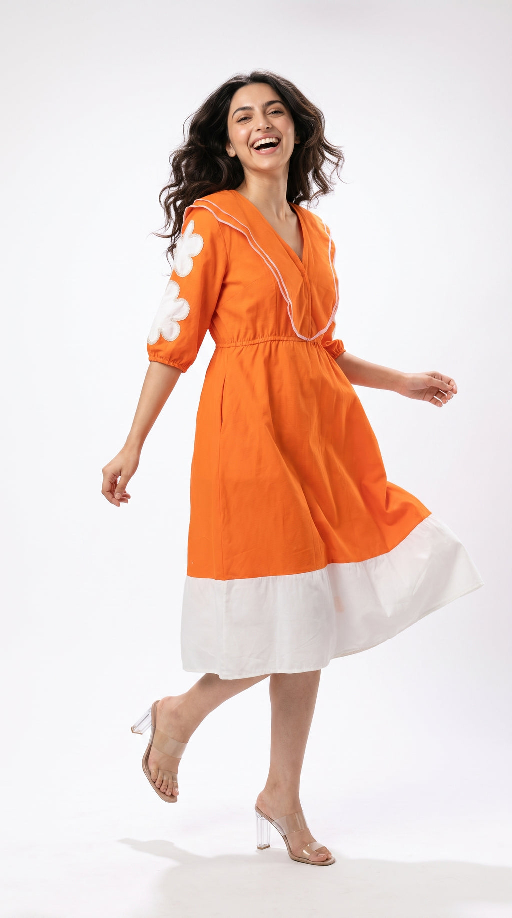 Orange & White Color-Block Midi Dress with Flower Appliqué | Rosio House