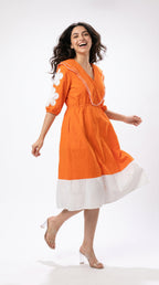 Orange & White Color-Block Midi Dress with Flower Appliqué | Rosio House