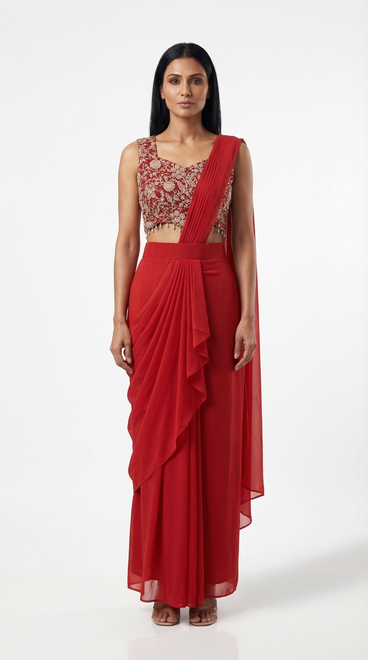 Ruby Red Georgette Drape Saree with Embroidered Blouse | Rosio House