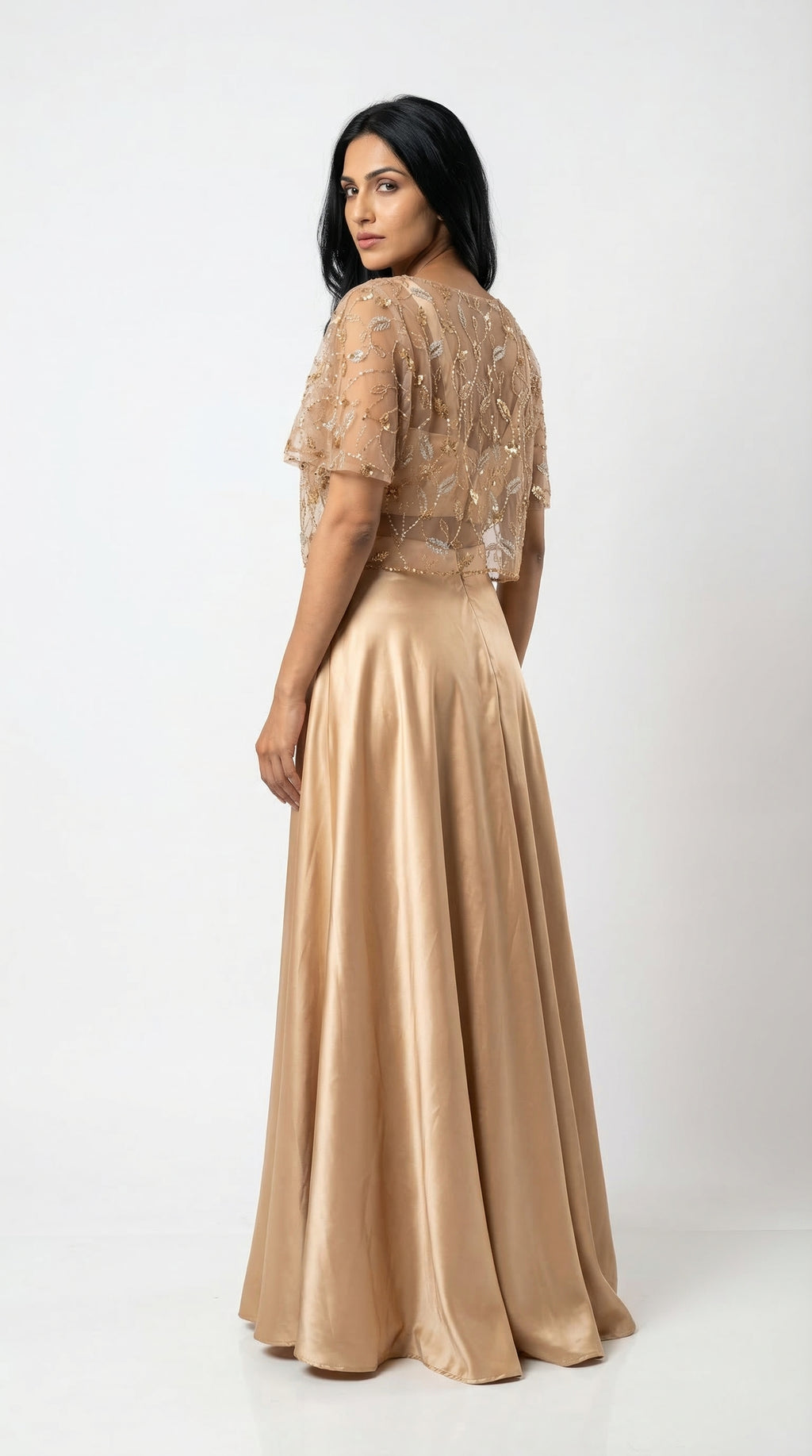 Champagne Embroidered Cape Set | Flowy Palazzo & Crop Top | Rosio House