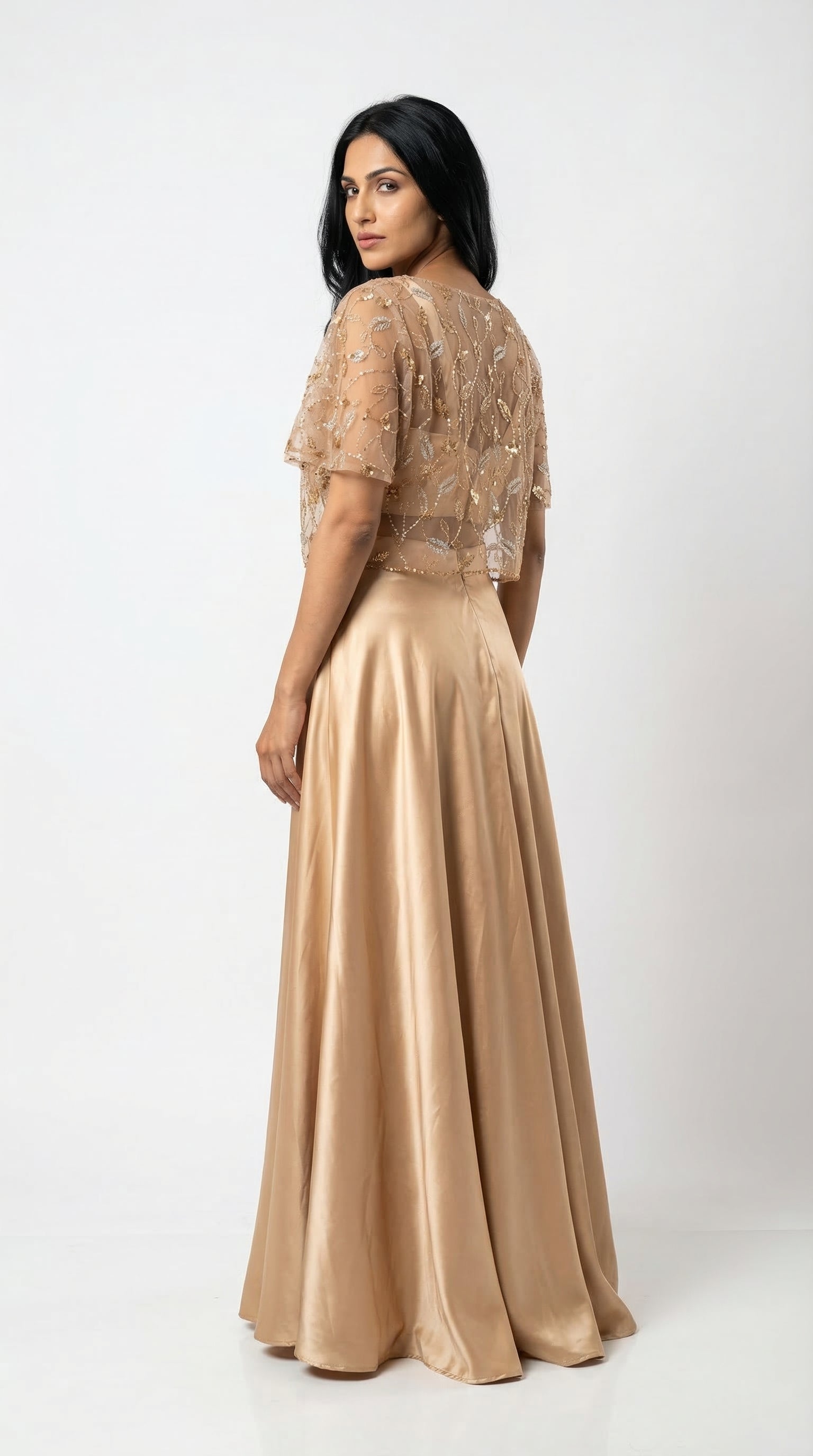 Champagne Embroidered Cape Set | Flowy Palazzo & Crop Top | Rosio House