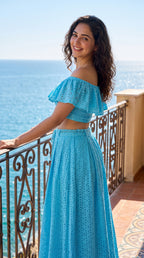 Movement shot of the Sky Blue Dress, featuring Schiffli by Rosio House