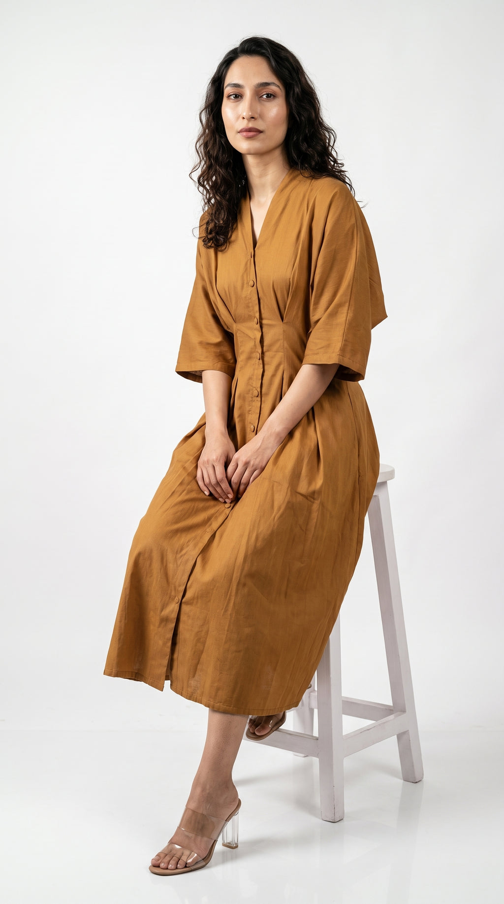 Ochre Cotton Linen Button-Down Midi Dress | Rosio House