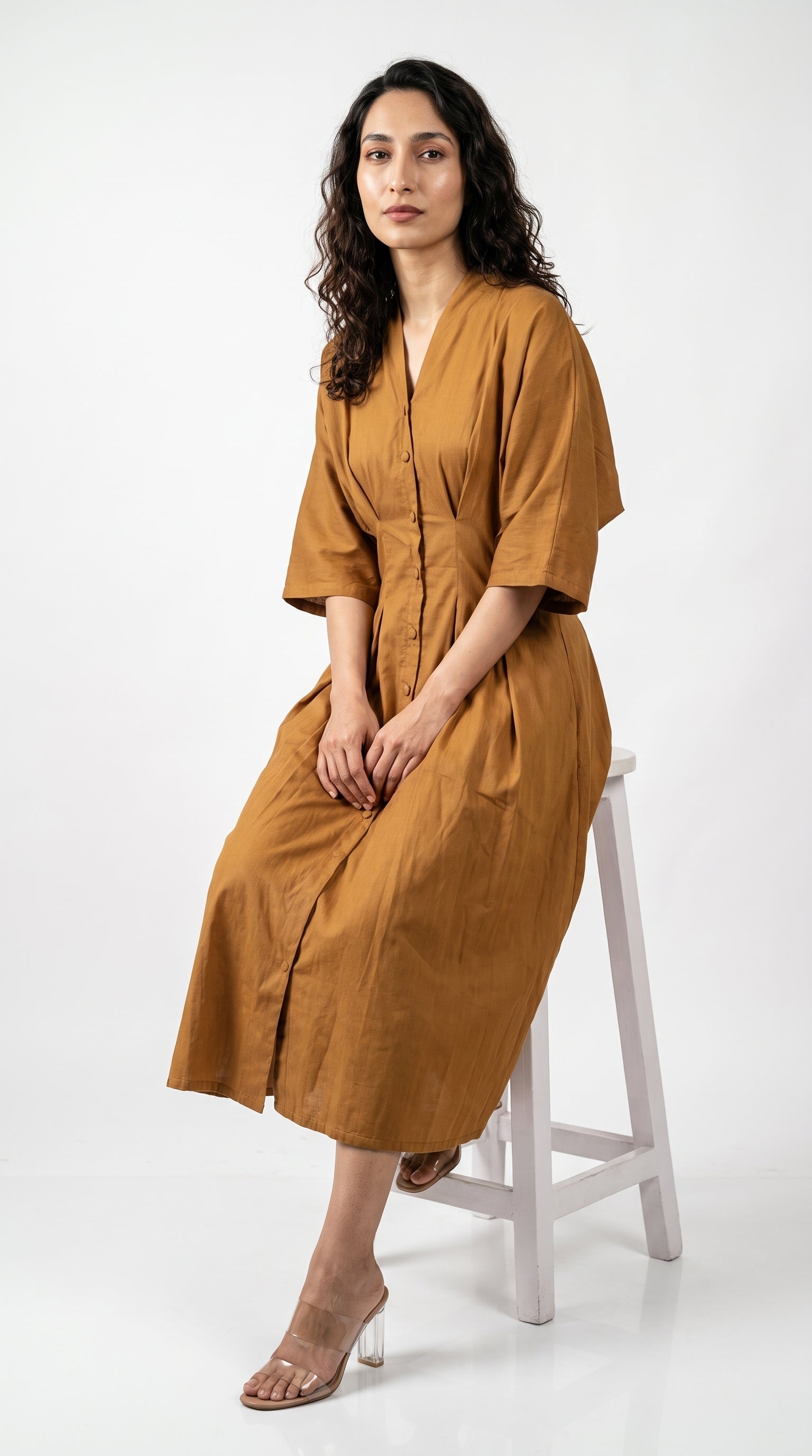 Ochre Cotton Linen Button-Down Midi Dress | Rosio House