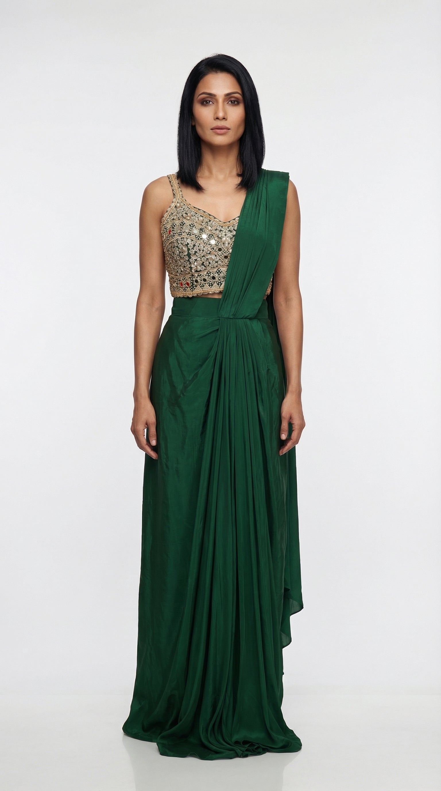 Emerald Green Handwork Blouse & Drape Saree | Rosio House