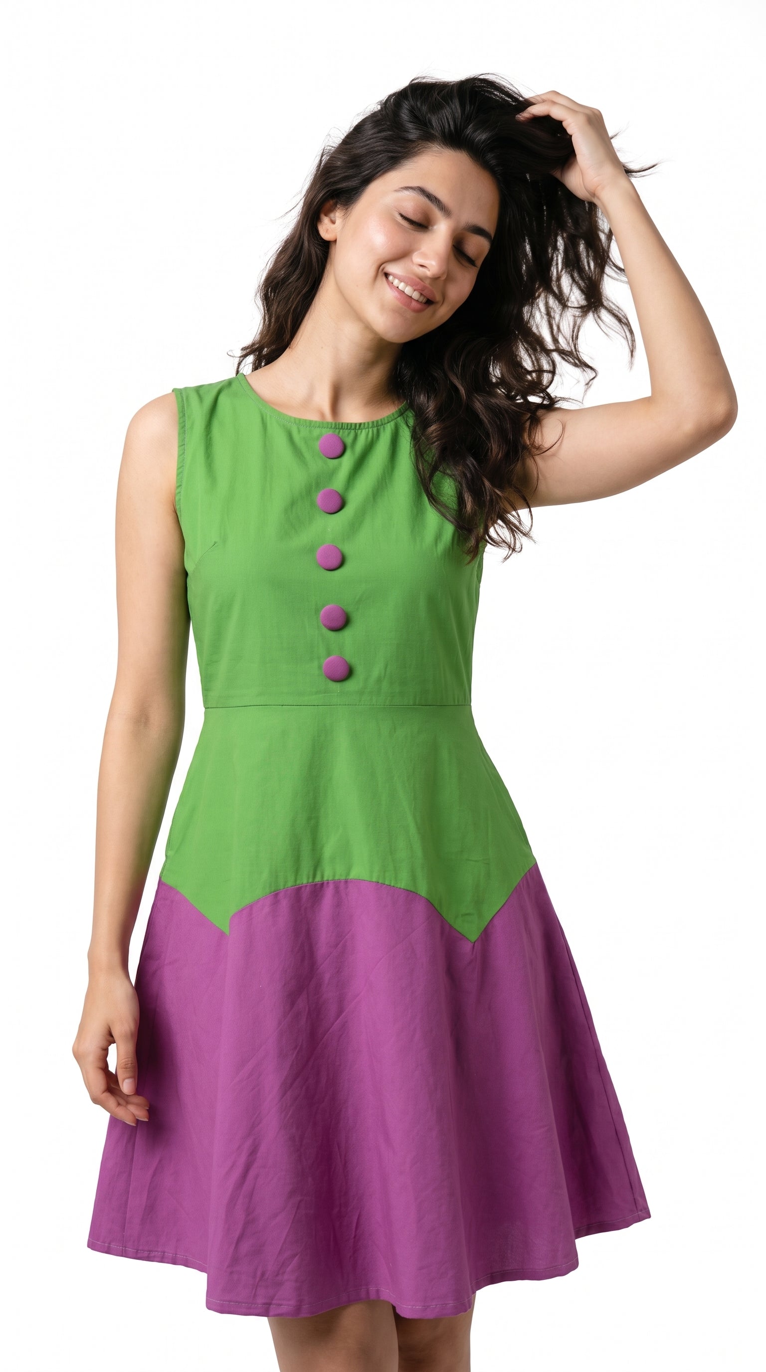 Green & Purple Colorblock Cotton Midi Dress | Rosio House