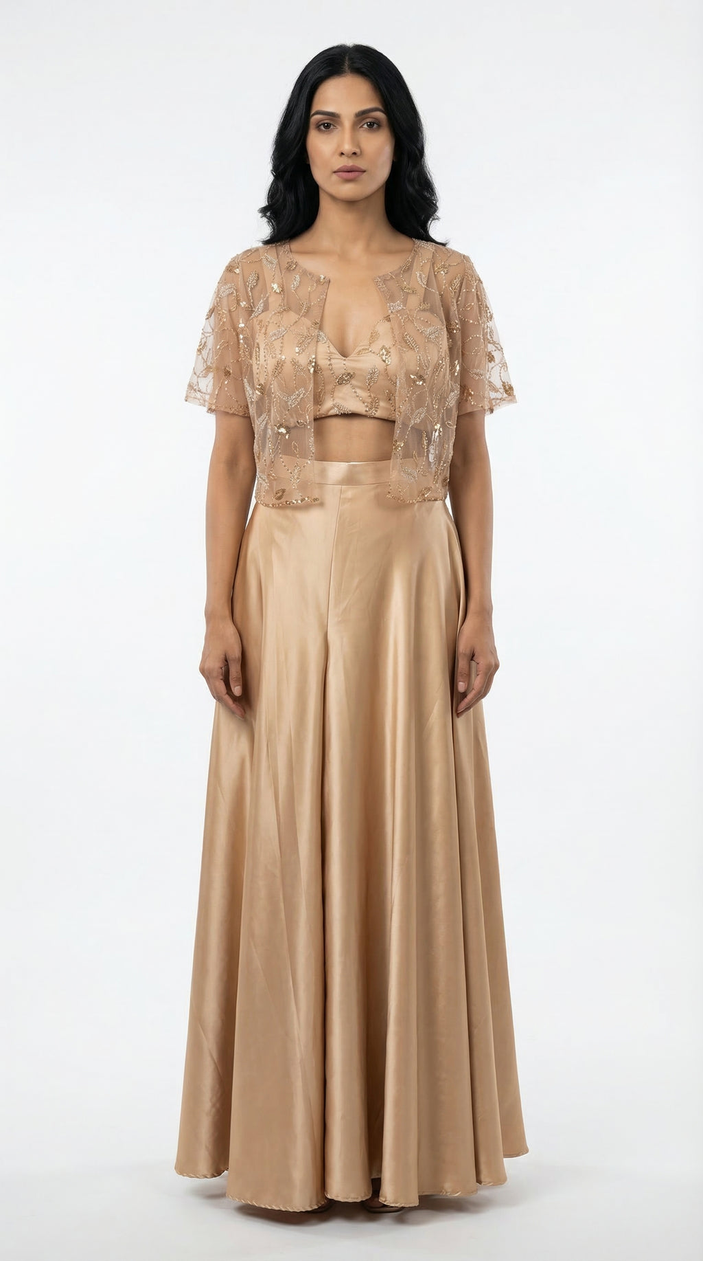 Champagne Embroidered Cape Set | Flowy Palazzo & Crop Top | Rosio House