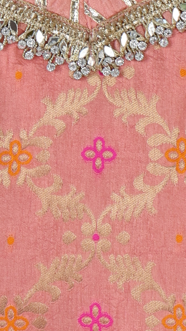 Peach Pink Brocade Sharara Set with Sequin Net Dupatta | Rosio House