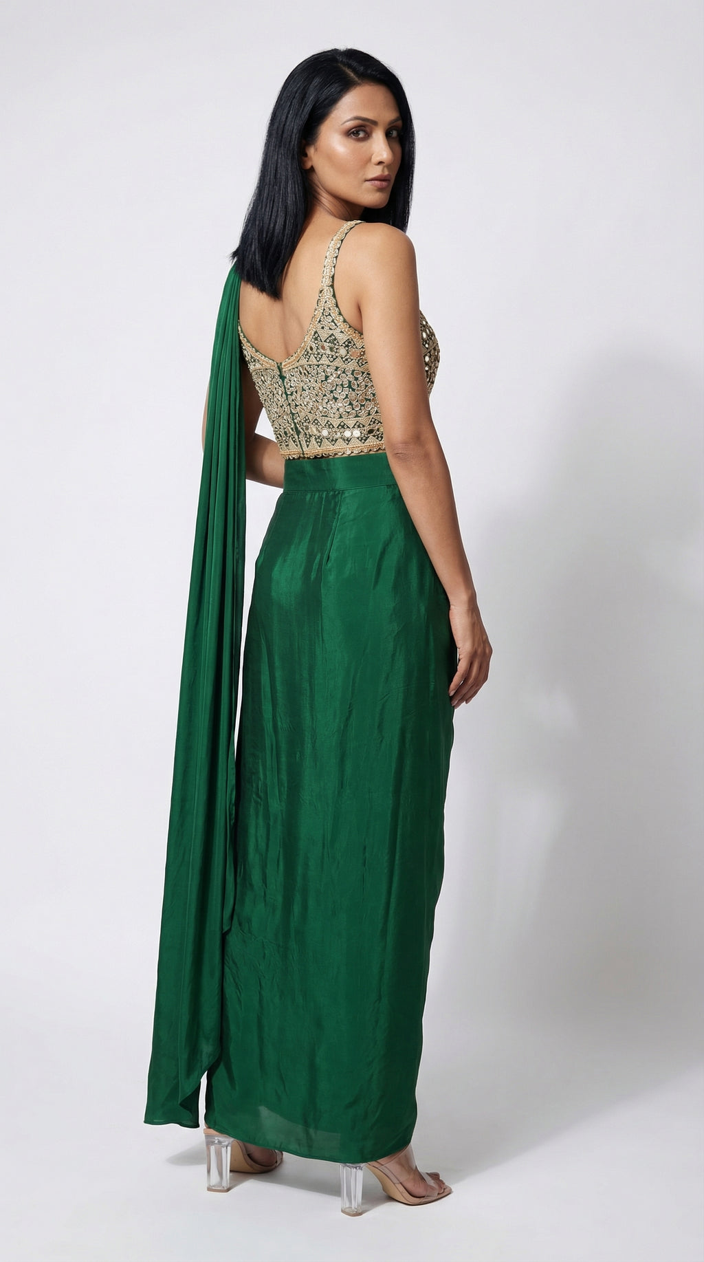 Emerald Green Handwork Blouse & Drape Saree | Rosio House