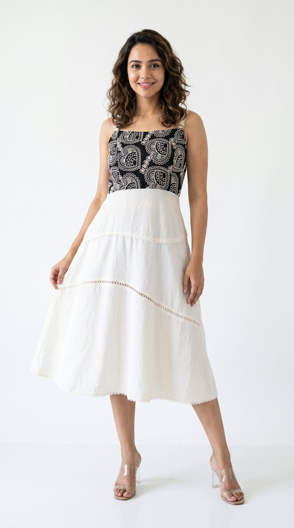 Black and White Thread work Midi Dress | Rosio House