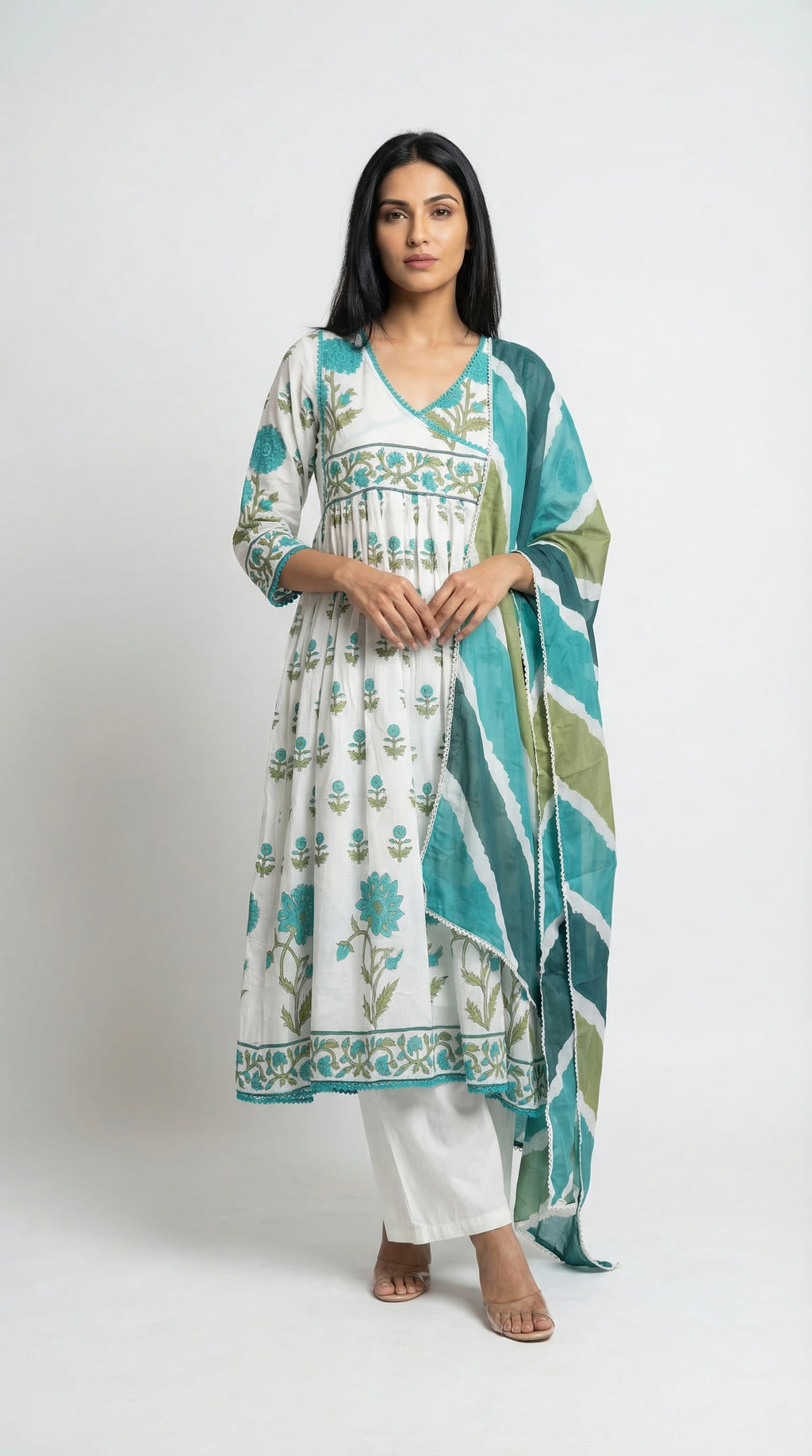 White & Teal Green Block Print Cotton Suit Set | Rosio House