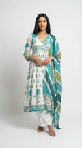 White & Teal Green Block Print Cotton Suit Set | Rosio House