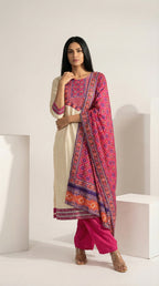 Vibrant Cream & Fuchsia Cotton Suit with Printed Dupatta | Rosio House