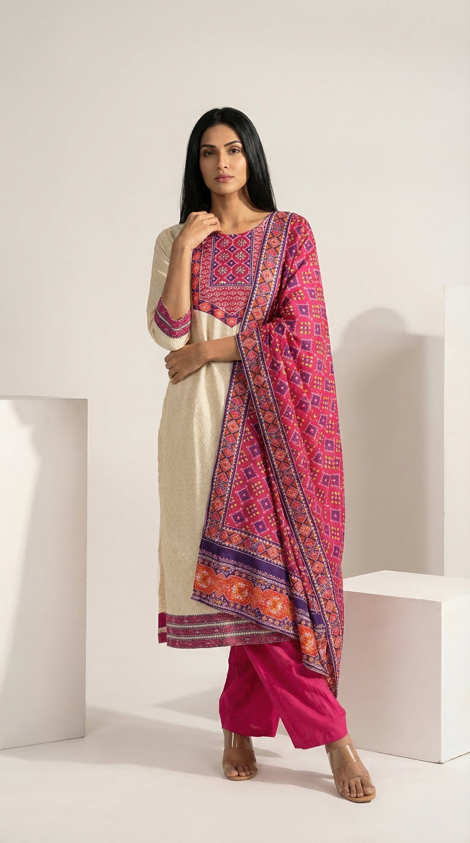 Vibrant Cream & Fuchsia Cotton Suit with Printed Dupatta | Rosio House