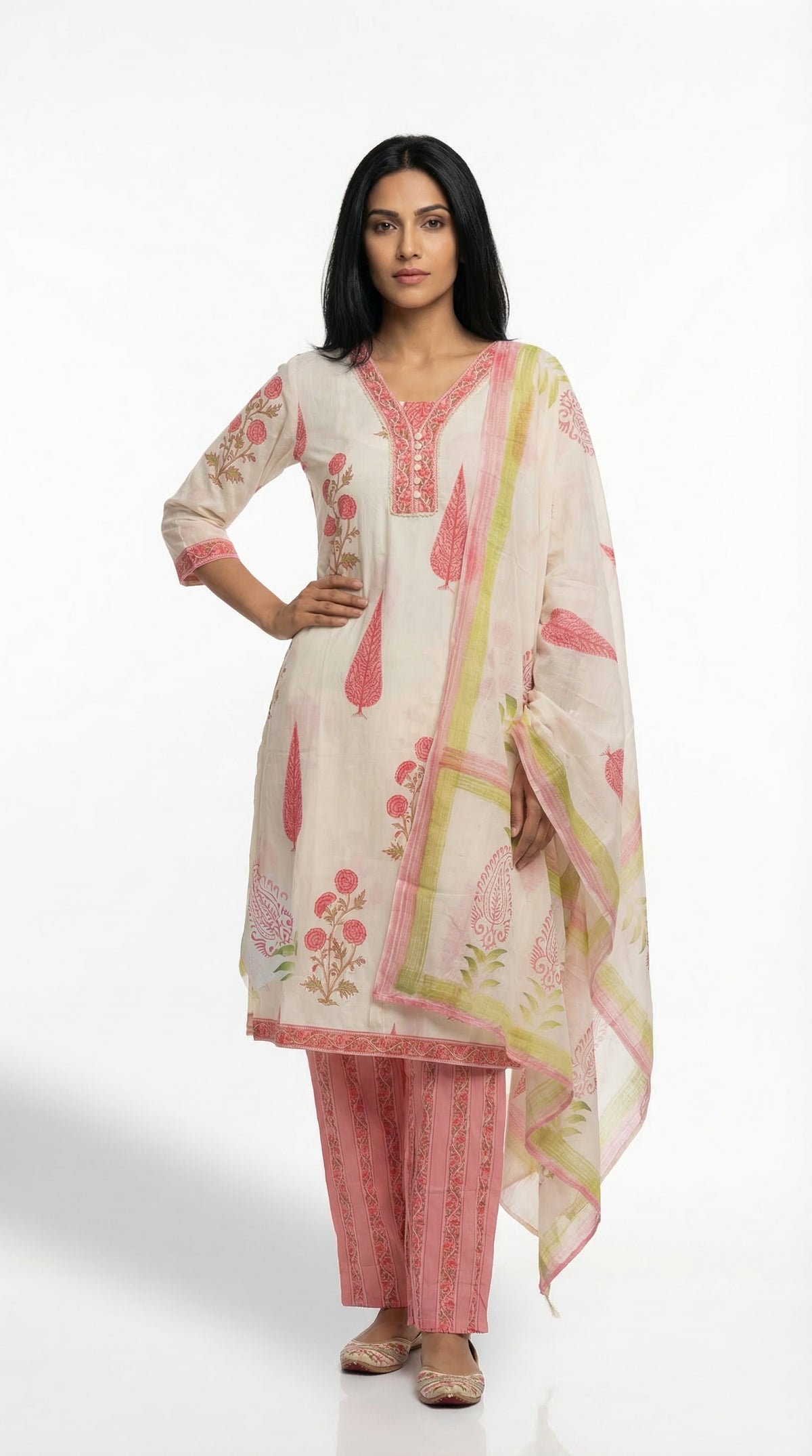 Off-White & Pink Floral Cotton Suit Set | Rosio House