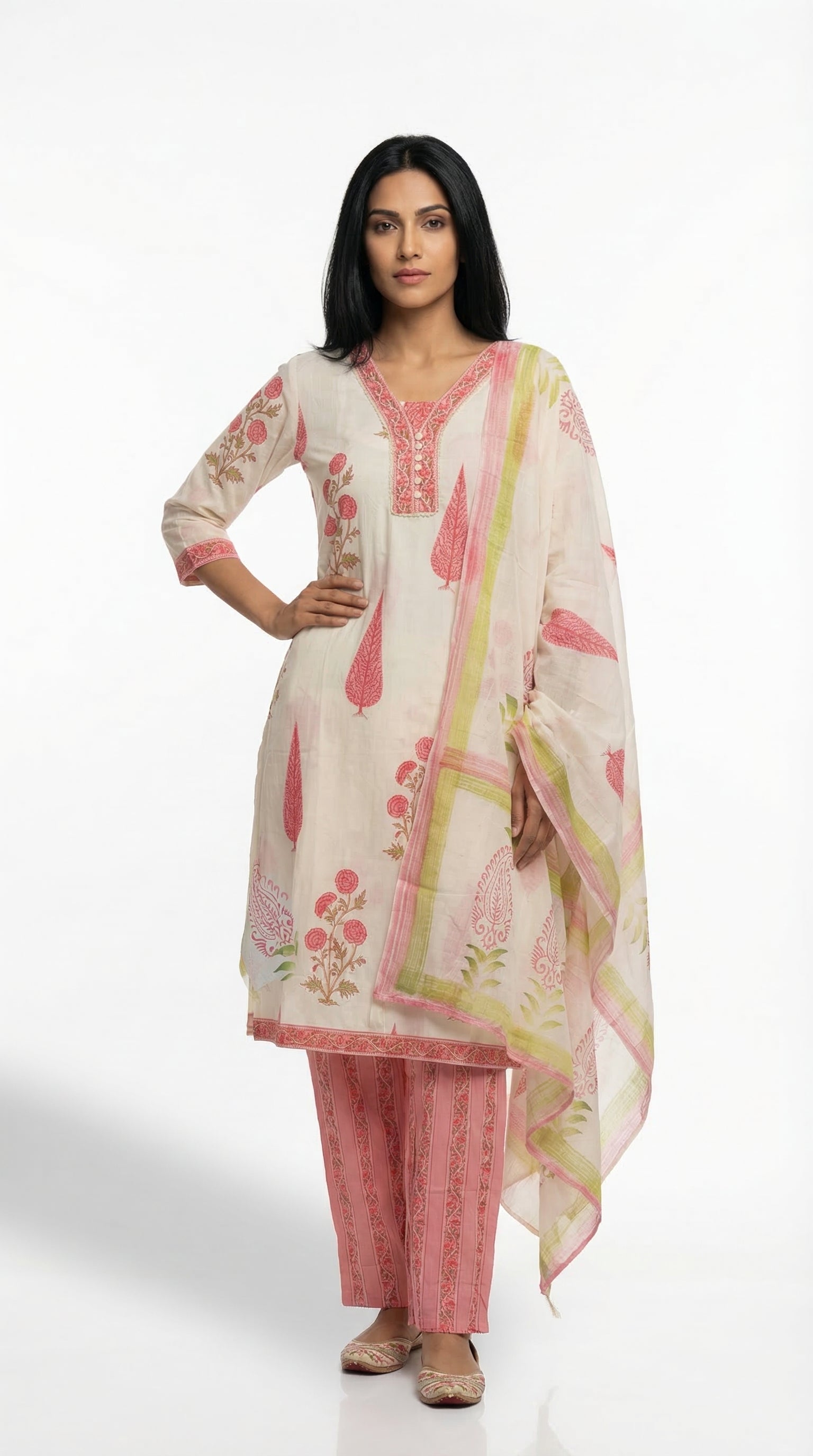 Off-White & Pink Floral Cotton Suit Set | Rosio House