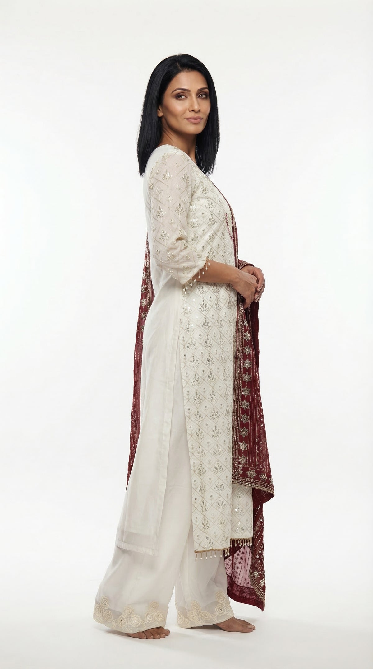Ivory Sequence Palazzo Suit with Maroon Dupatta | Rosio House