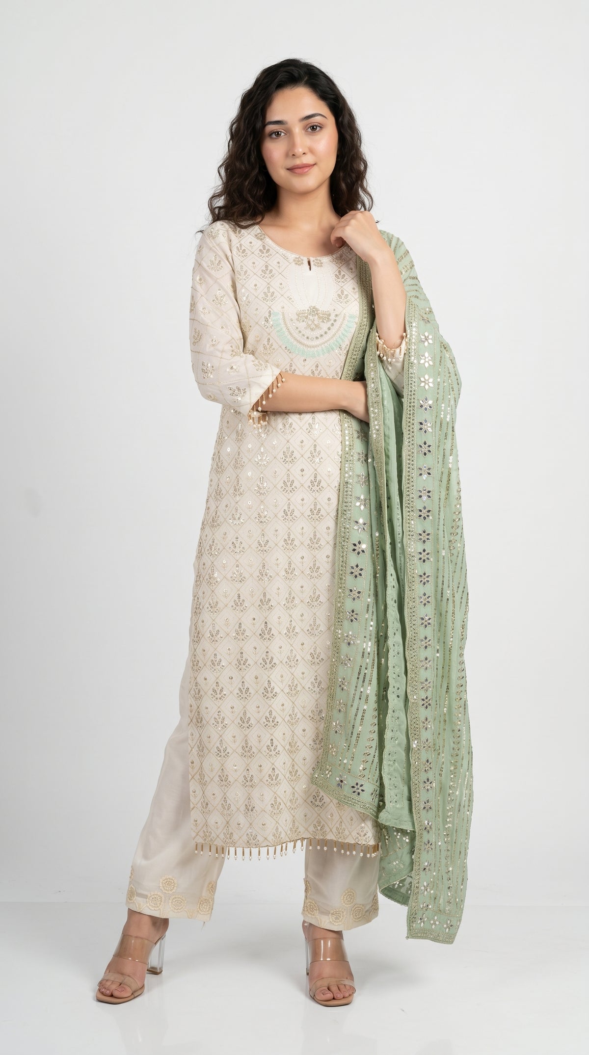 Off-White Embroidered and Mirror Kurta Set with Mint Dupatta | Rosio House