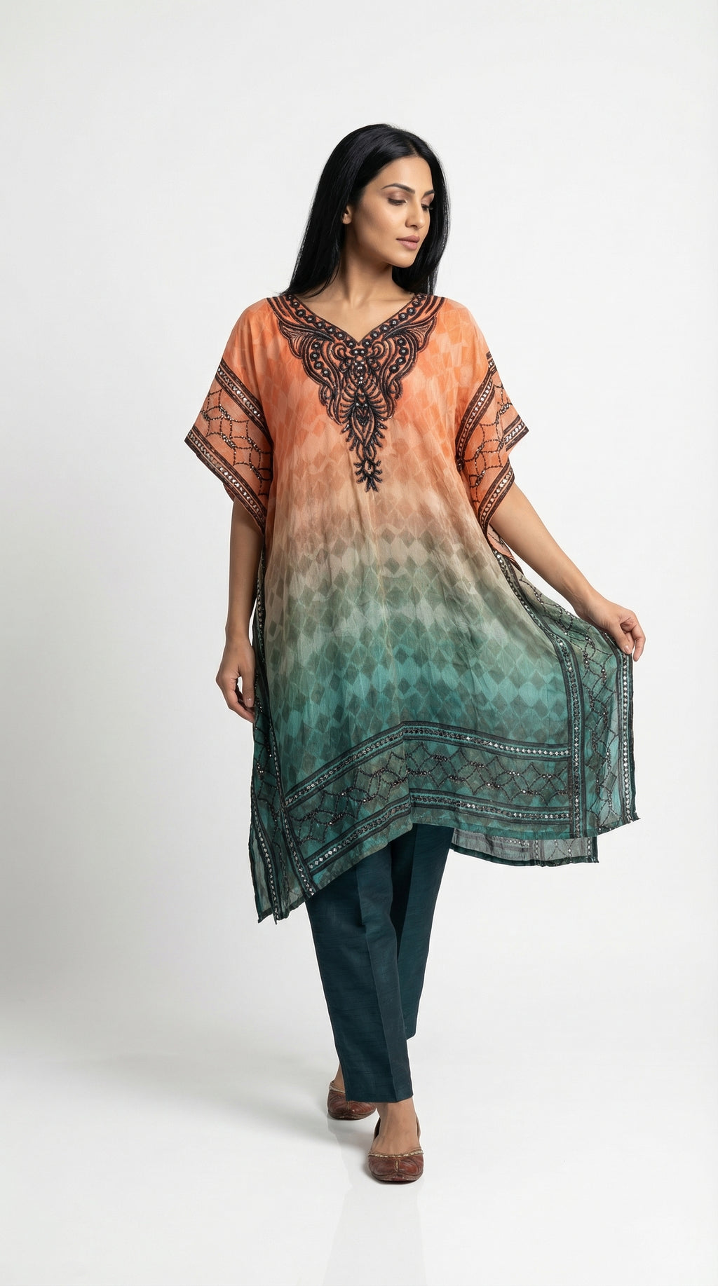 Peach & Teal Ombre Cotton Kaftan Set with Pants | Rosio House