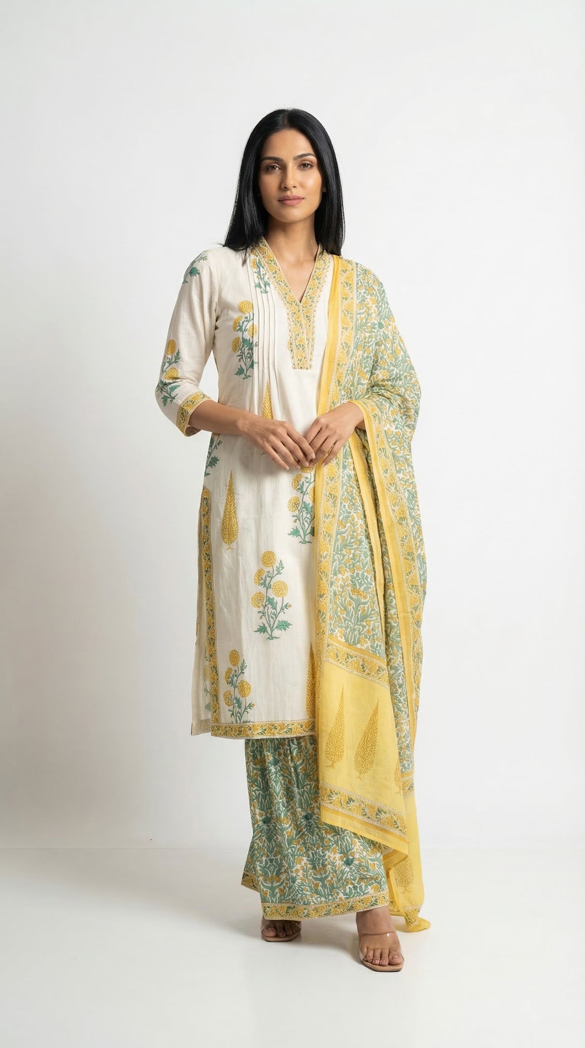 Ivory Yellow Block Print Cotton Suit Set | Rosio House