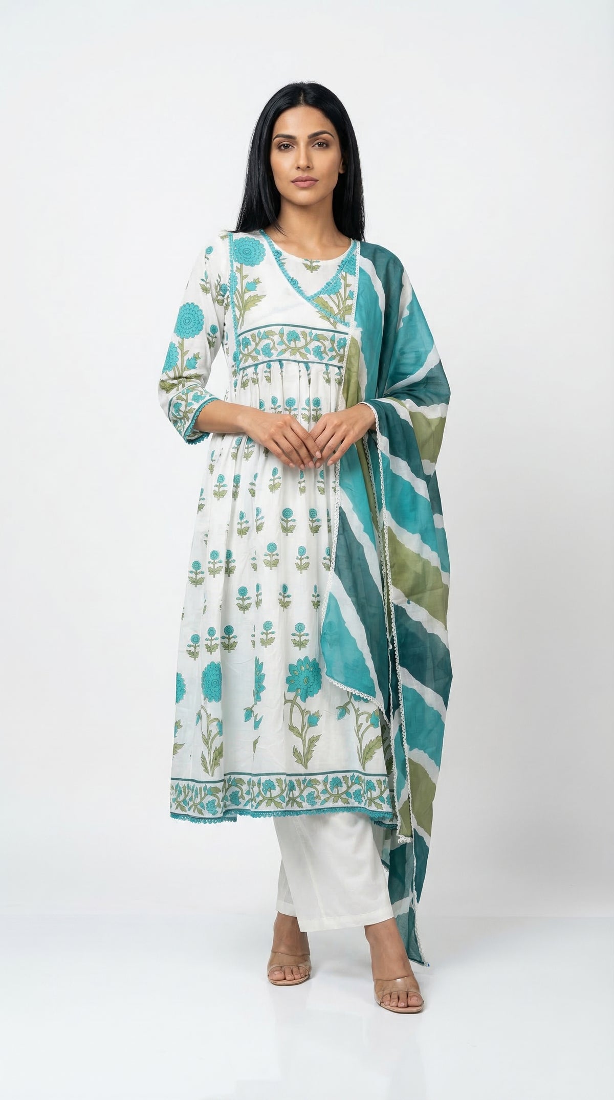 White & Teal Green Block Print Cotton Suit Set | Rosio House
