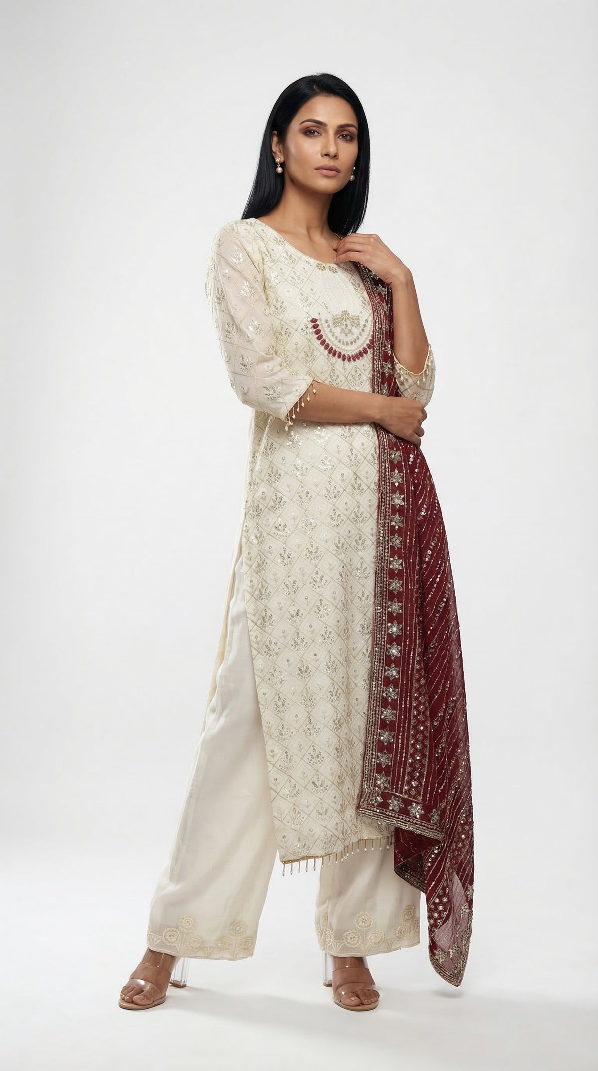 Ivory Sequence Palazzo Suit with Maroon Dupatta | Rosio House