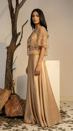 Champagne Embroidered Cape Set | Flowy Palazzo & Crop Top | Rosio House