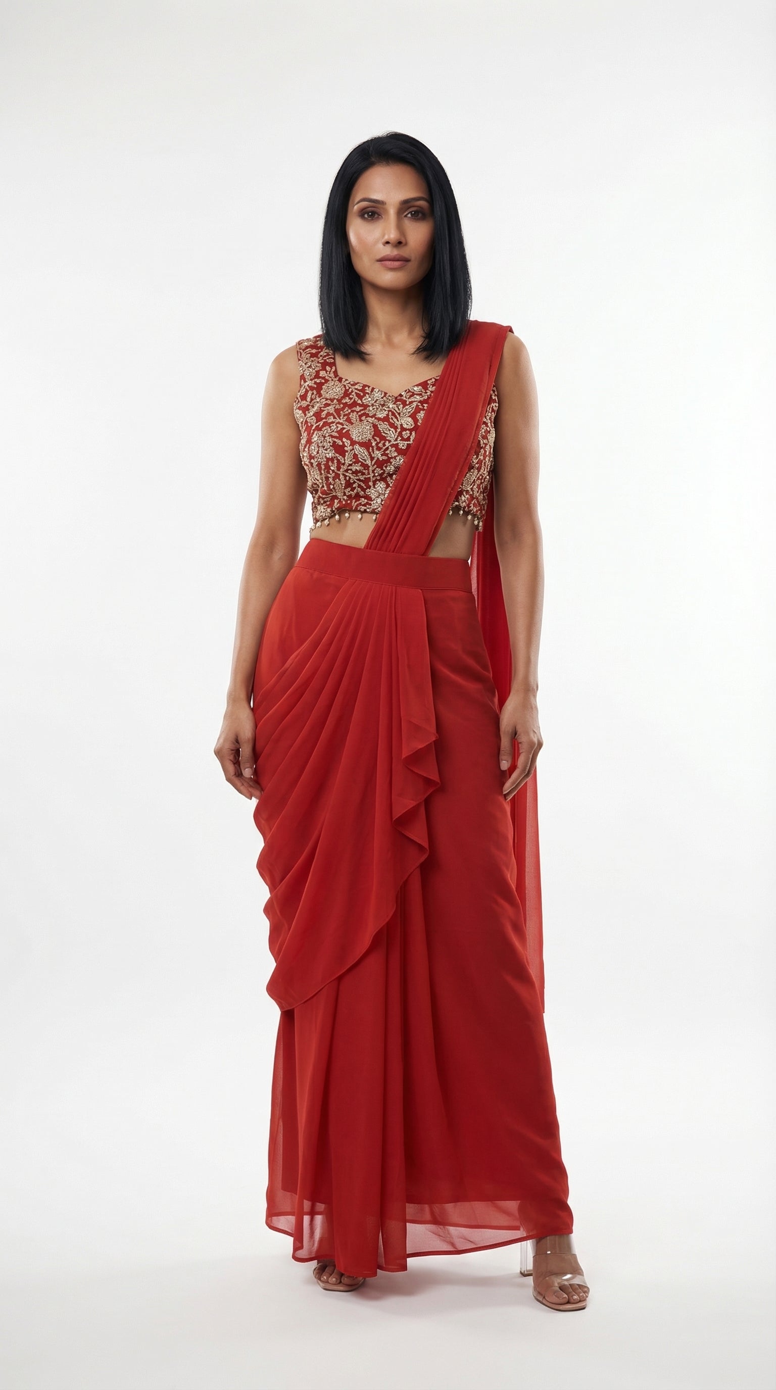 Ruby Red Georgette Drape Saree with Embroidered Blouse | Rosio House