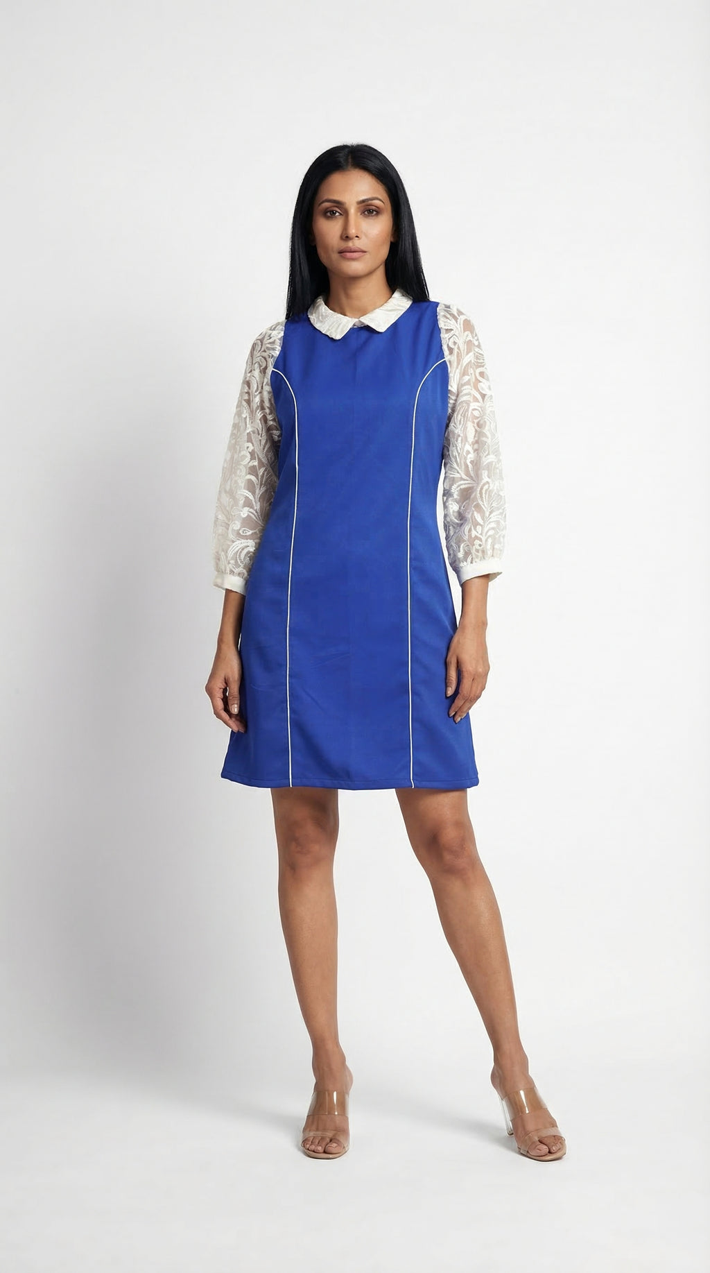 Royal Blue Banana Crepe Shift Dress | Embroidered Sleeves | Rosio House