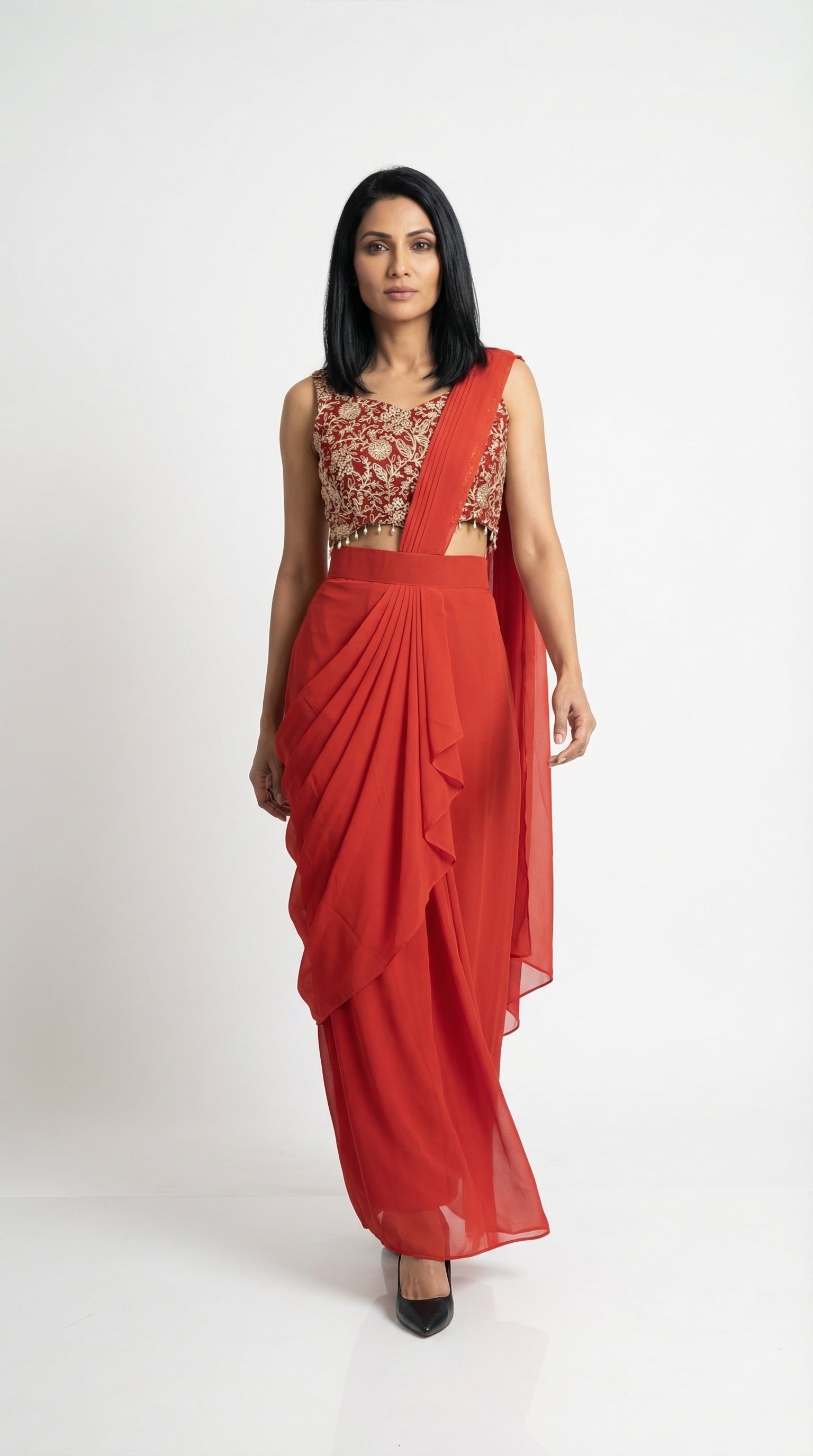Ruby Red Georgette Drape Saree with Embroidered Blouse | Rosio House