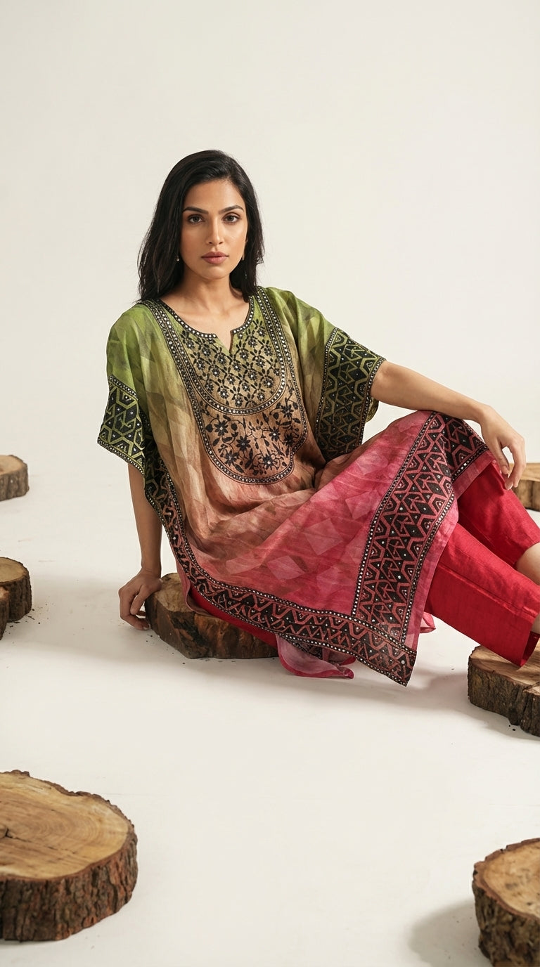 Ombre Embellished Kaftan & Red Slim Pants Set | Rosio House