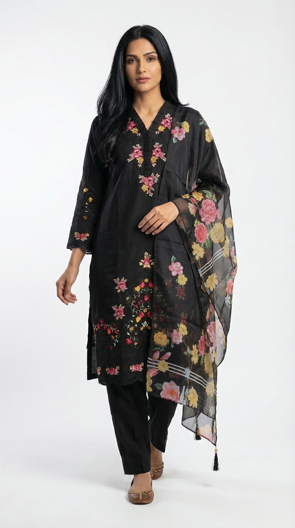 Black Multi-Floral Embroidered Cotton Suit with Dupatta | Rosio House