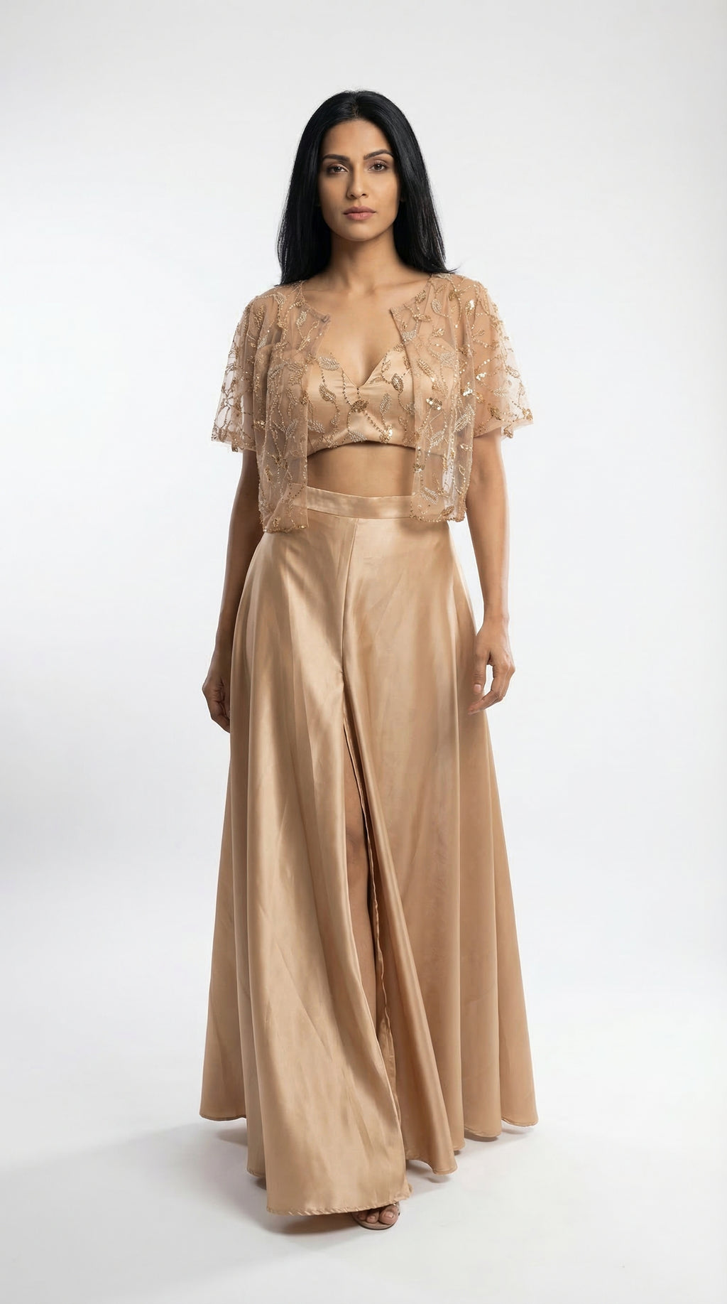 Champagne Embroidered Cape Set | Flowy Palazzo & Crop Top | Rosio House