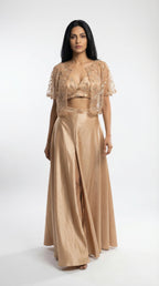 Champagne Embroidered Cape Set | Flowy Palazzo & Crop Top | Rosio House