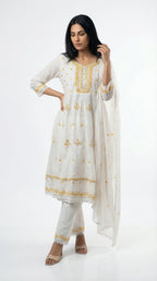 Cream & Gold Embroidered Cotton Suit Set | Rosio House