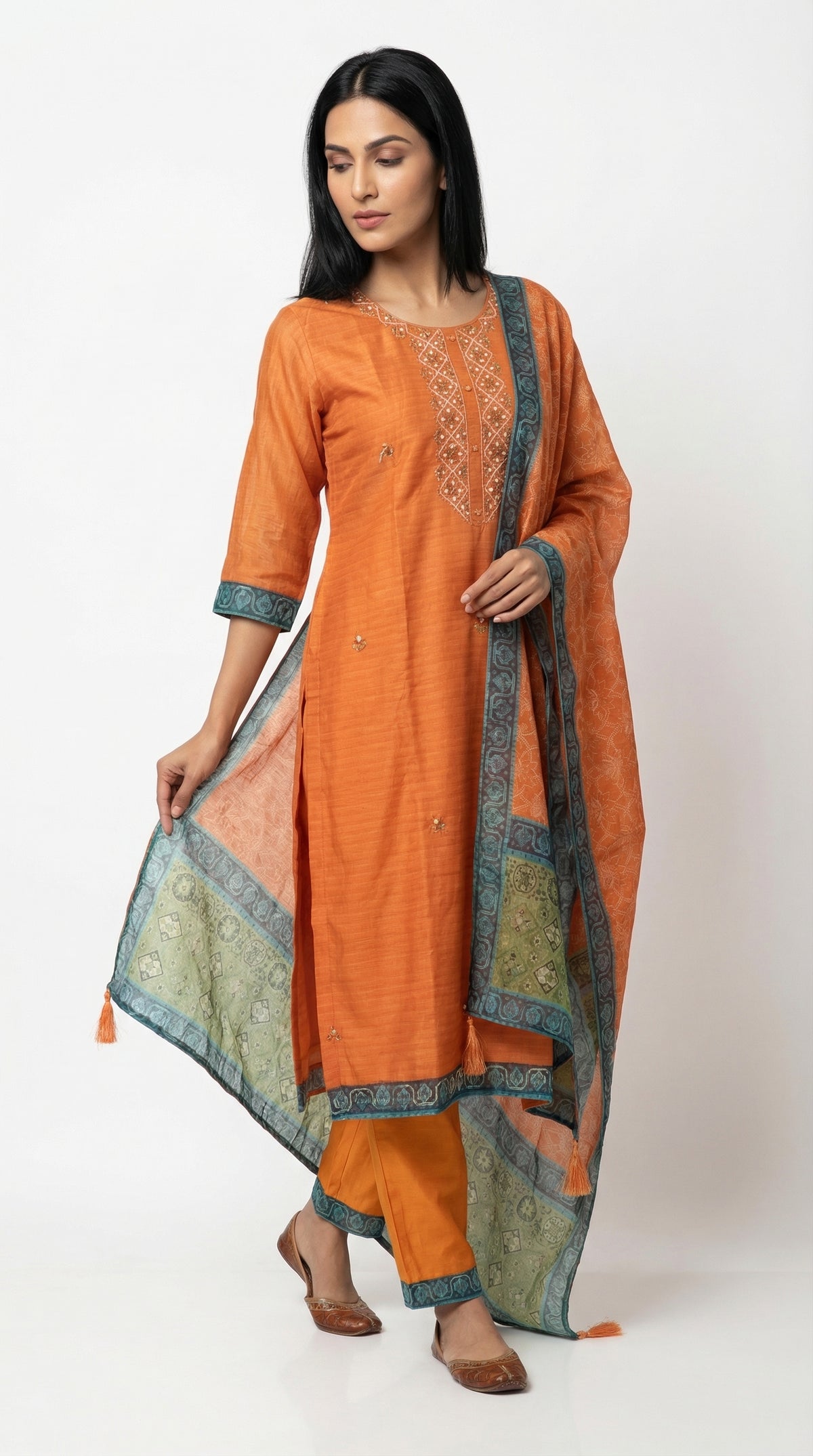 Zesty Orange Embroidered Women Cotton Suit | Rosio House