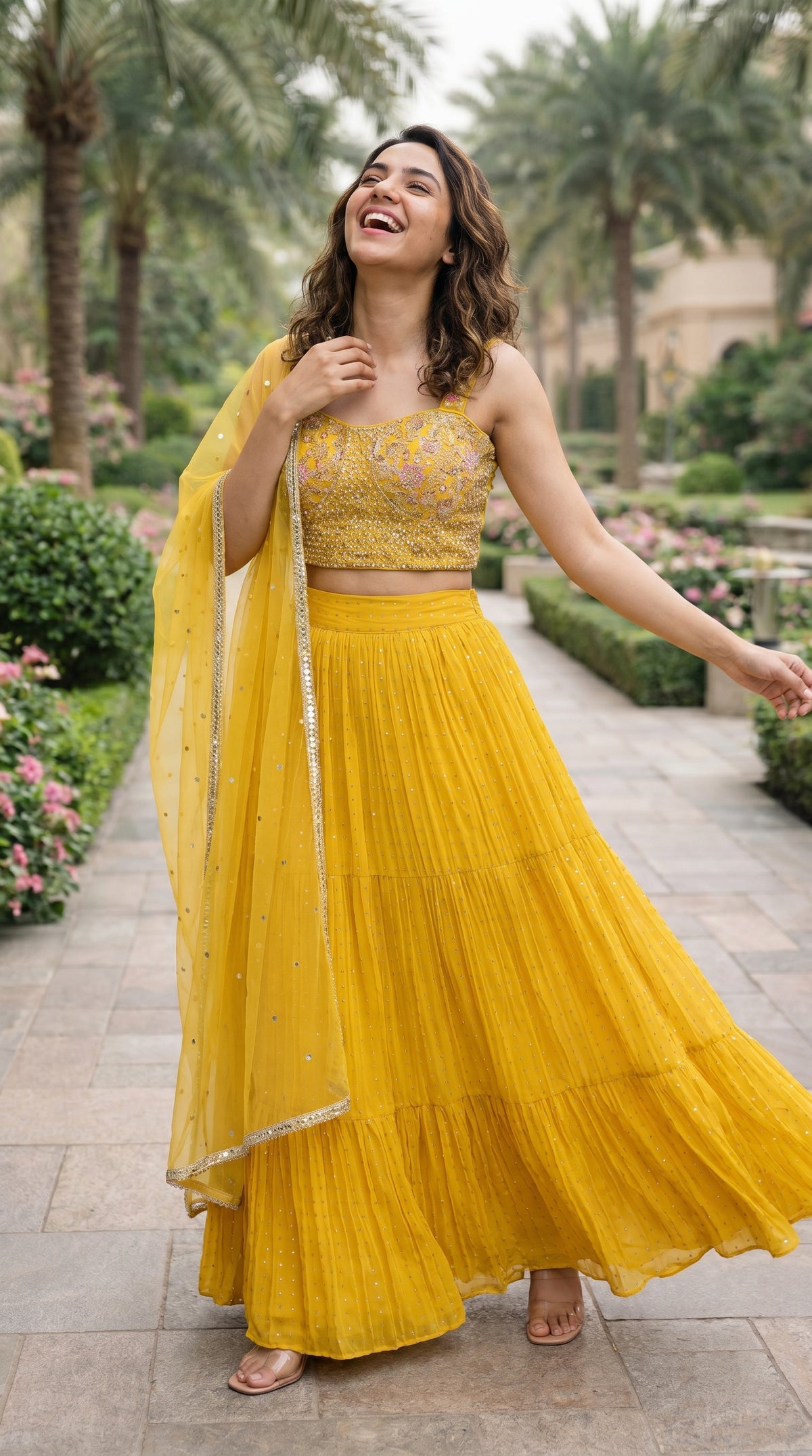 Mustard Yellow Tiered Lehenga Crop Top with Embroidered Blouse & Dupatta Set | Rosio House