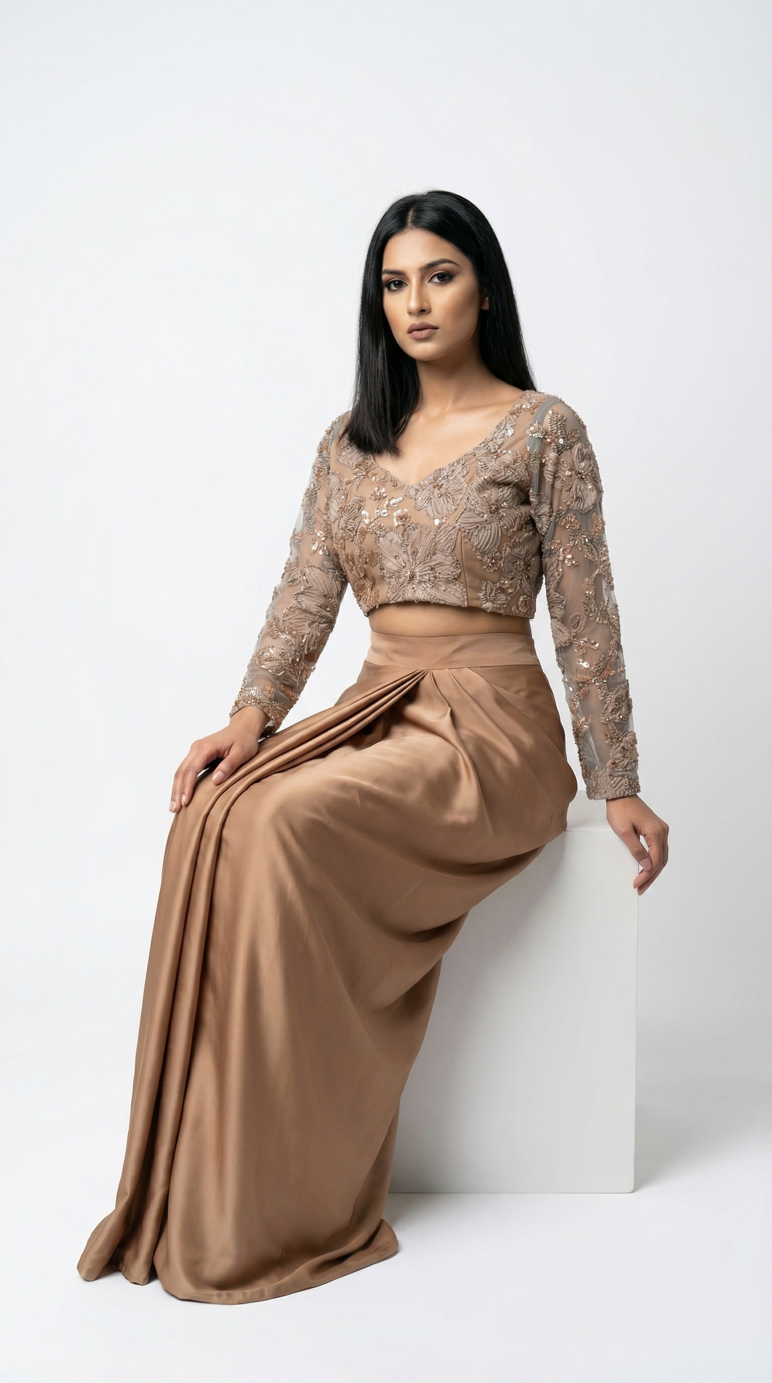 Champagne Bronze Sequin Embroidered Skirt Set | Indo-Western | Rosio House