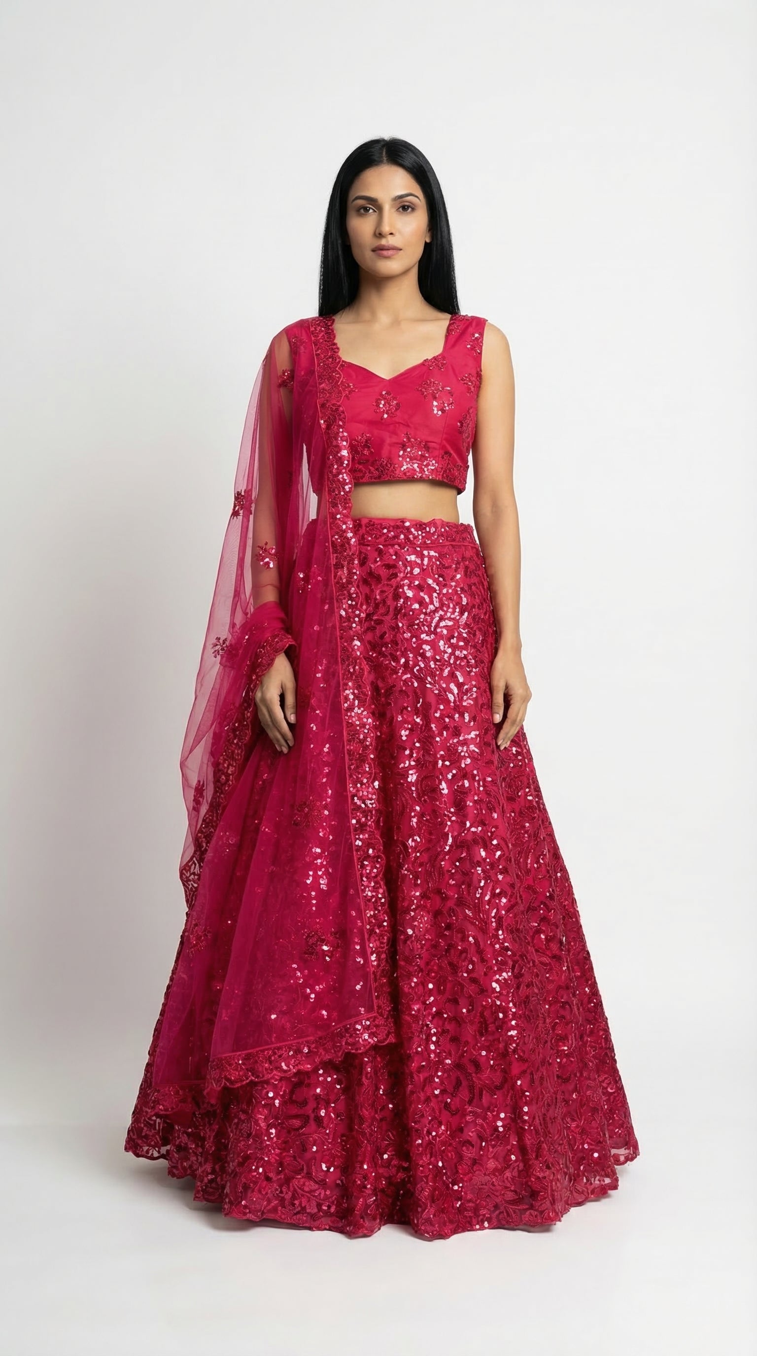 Crimson Red Sequin Embroidered Lehenga Set | Rosio House