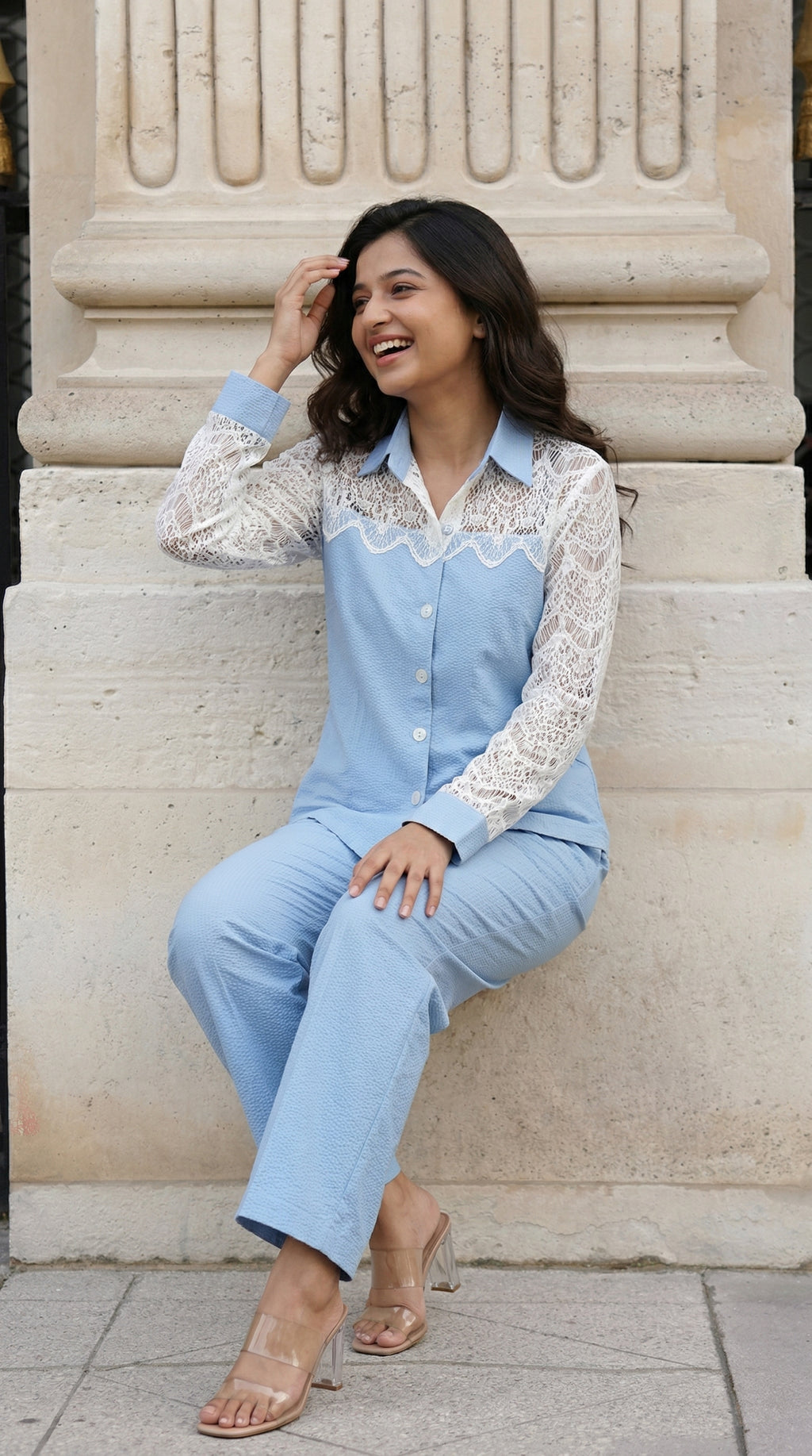 Light Blue Cotton Cord Set with Schiffli Lace | Rosio House