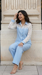 Light Blue Cotton Cord Set with Schiffli Lace | Rosio House