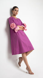 Orchid Magenta Cotton A-Line Dress with 3D Sleeve Flower | Rosio House
