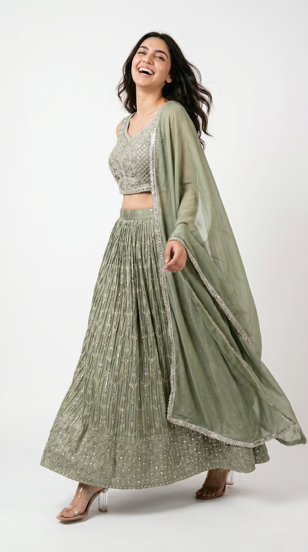Sage Green Pleated Lightweight Lehenga Set | Rosio House