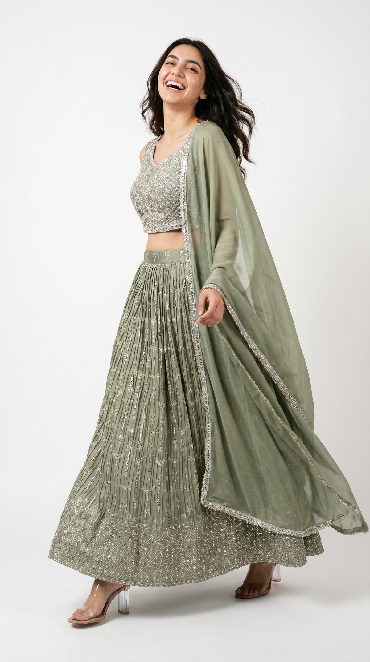 Sage Green Pleated Lightweight Lehenga Set | Rosio House