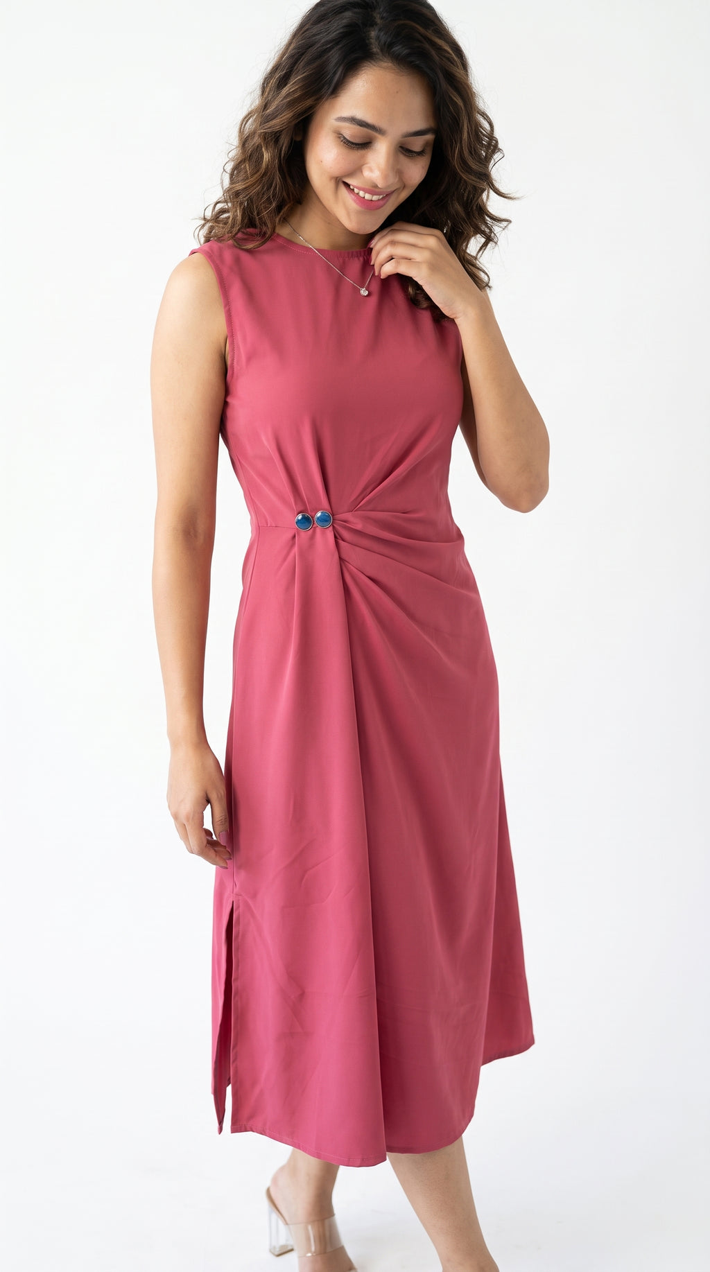 Dusty Rose Sleeveless Draped Midi Dress | Rosio House