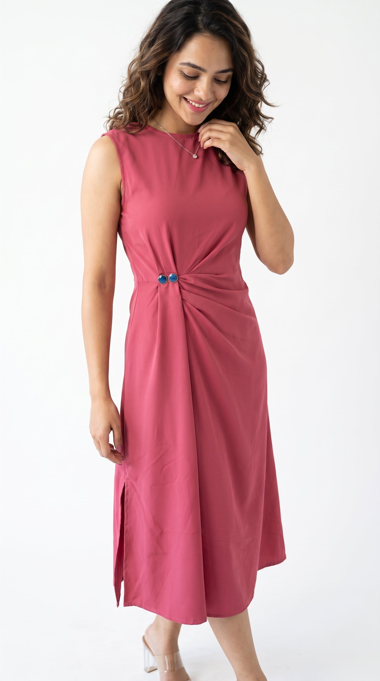 Dusty Rose Sleeveless Draped Midi Dress | Rosio House