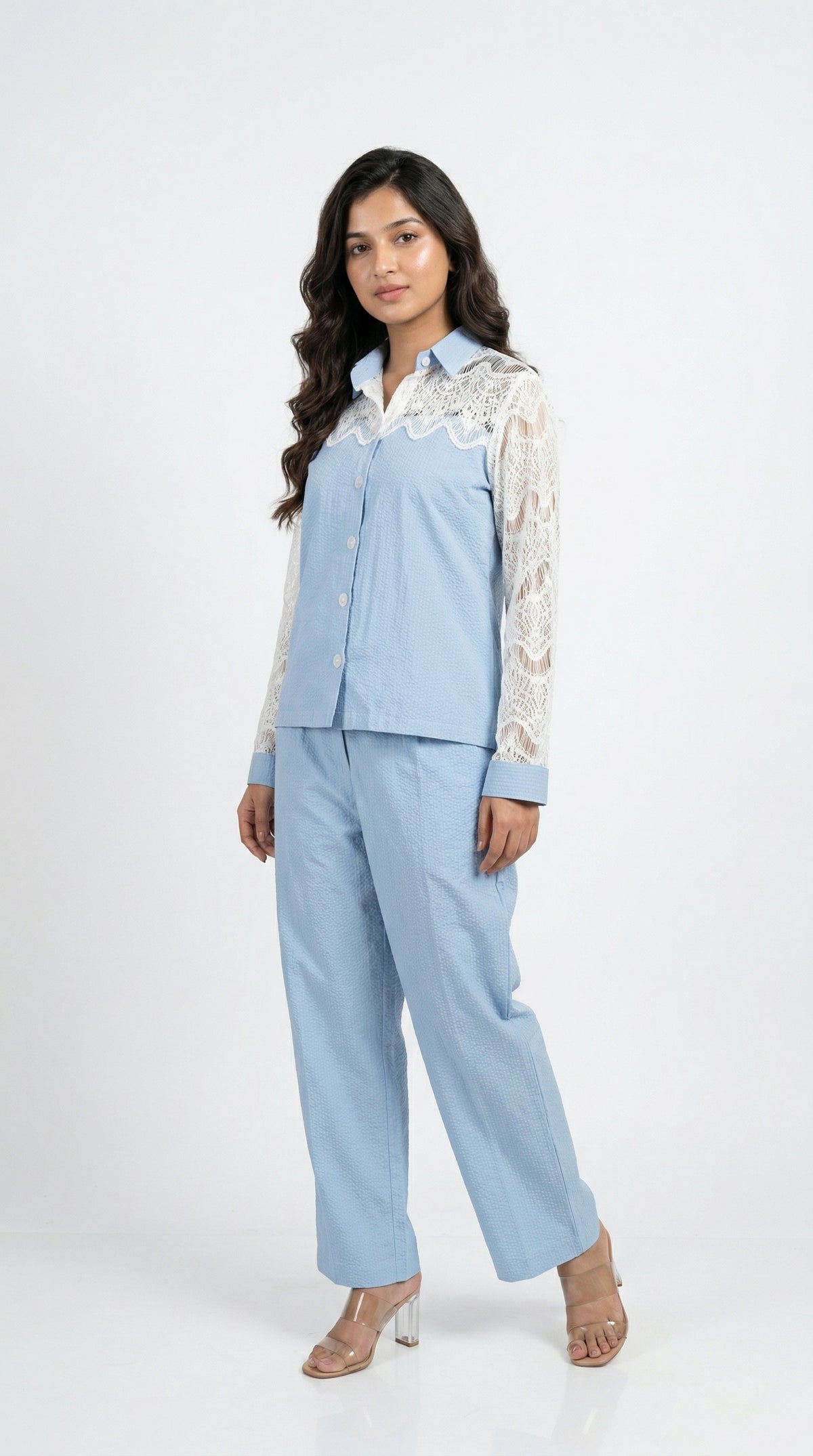 Light Blue Cotton Cord Set with Schiffli Lace | Rosio House